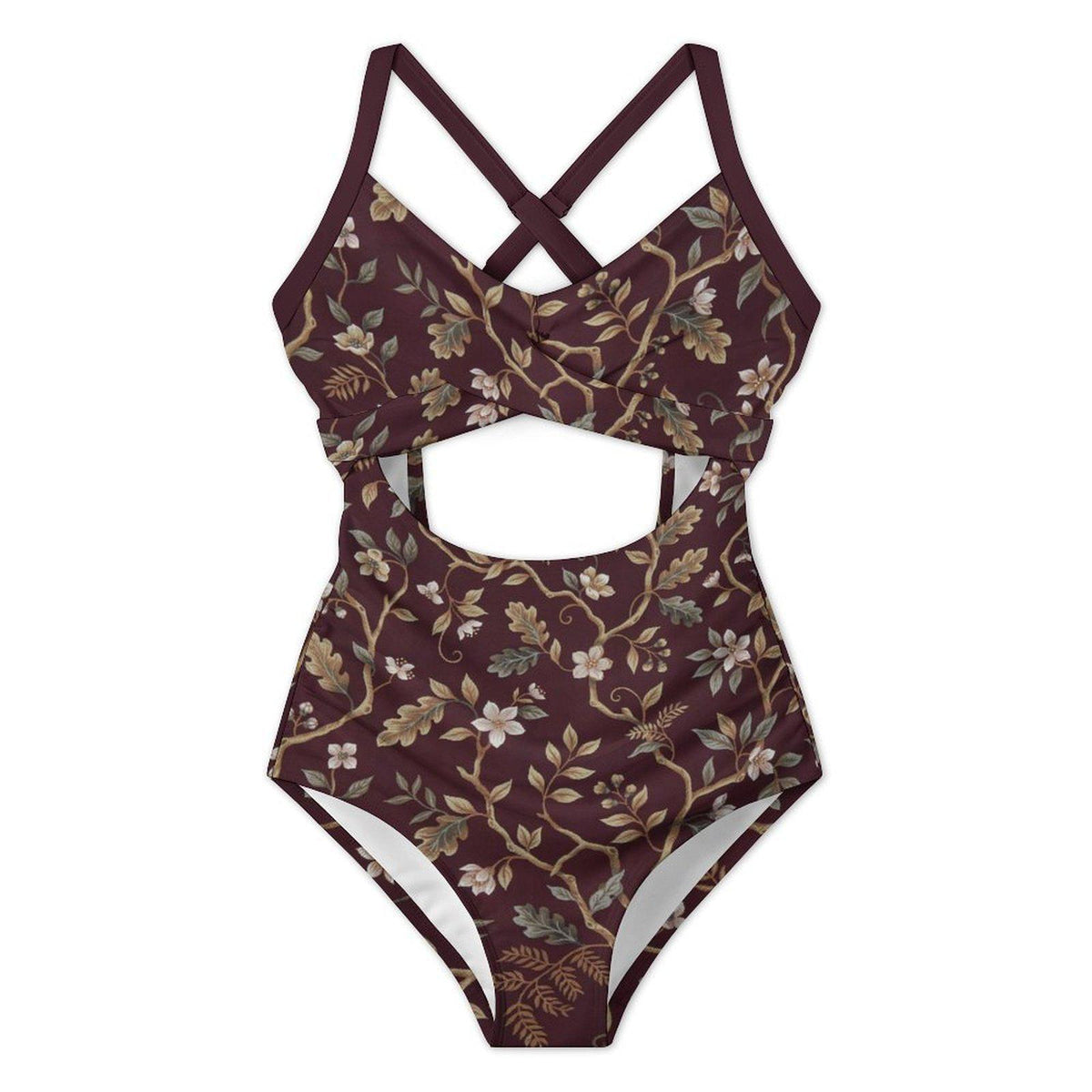 Retro Romantic Floral Brown Cut-Out One-Piece Swimsuit, Lace-Up Back & Ruching