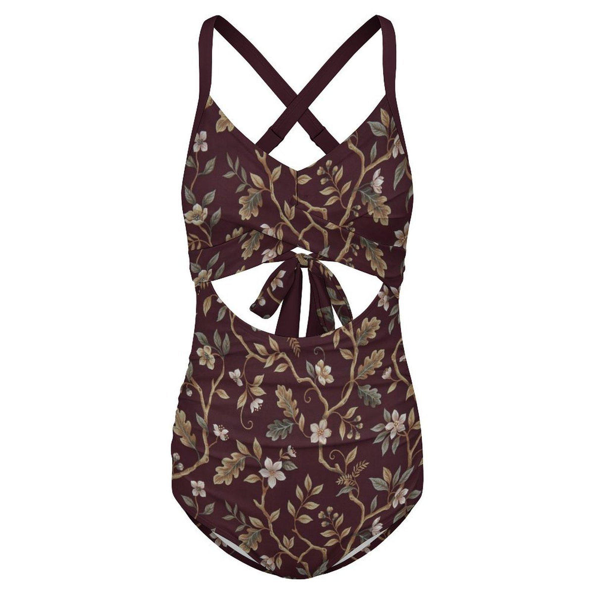 Retro Romantic Floral Brown Cut-Out One-Piece Swimsuit, Lace-Up Back & Ruching
