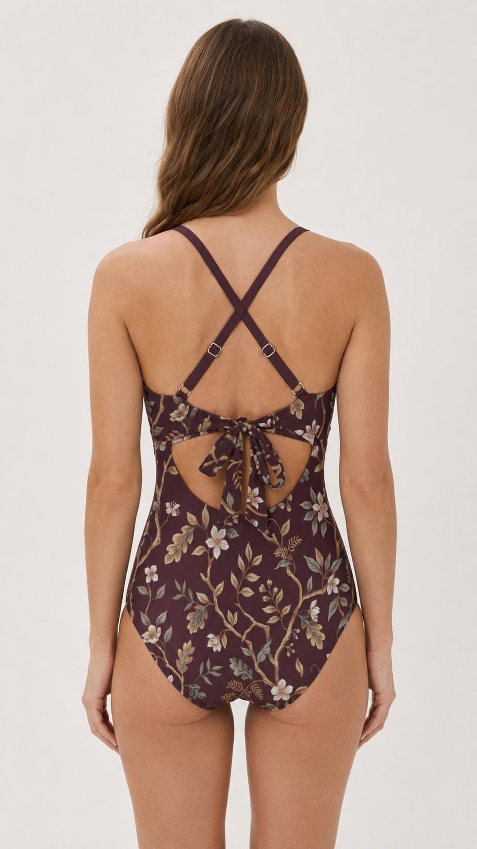 Retro Romantic Floral Brown Cut-Out One-Piece Swimsuit, Lace-Up Back & Ruching