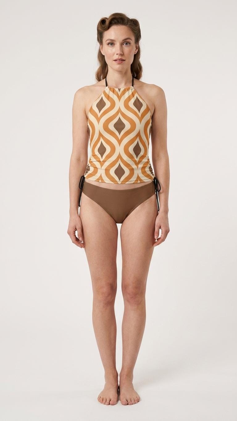 Retro Mid-Century Print Tankini – Vintage-Inspired Two-Piece Drawstring Halterneck Swimsuit in Brown & Orange