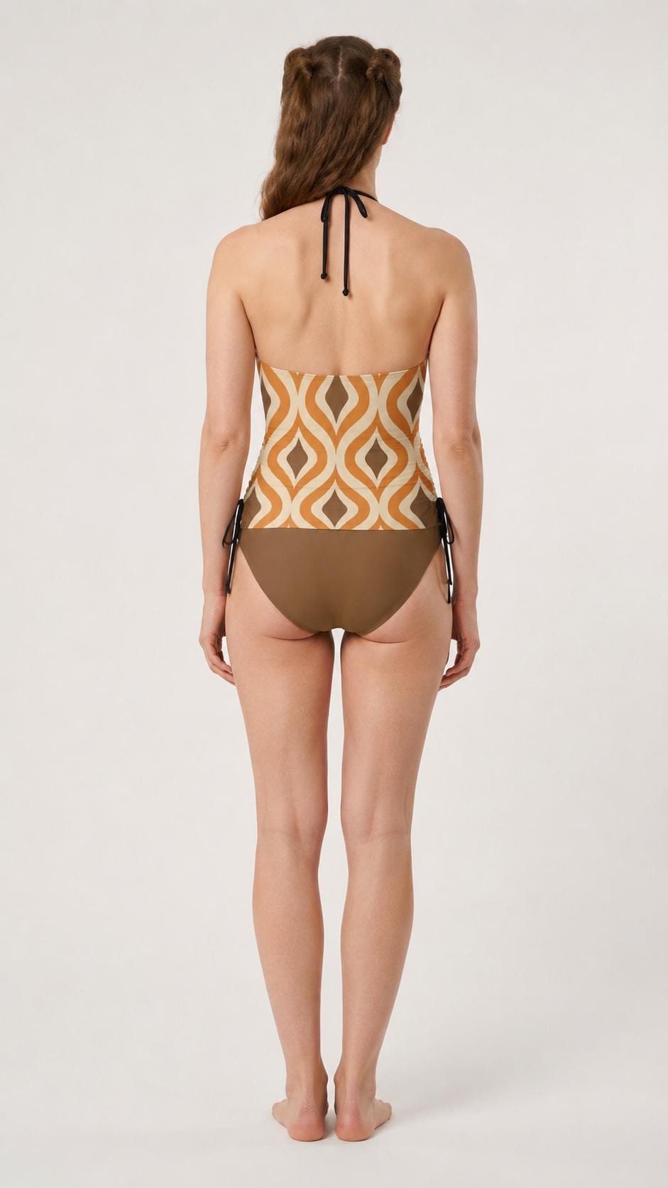 Retro Mid-Century Print Tankini – Vintage-Inspired Two-Piece Drawstring Halterneck Swimsuit in Brown & Orange