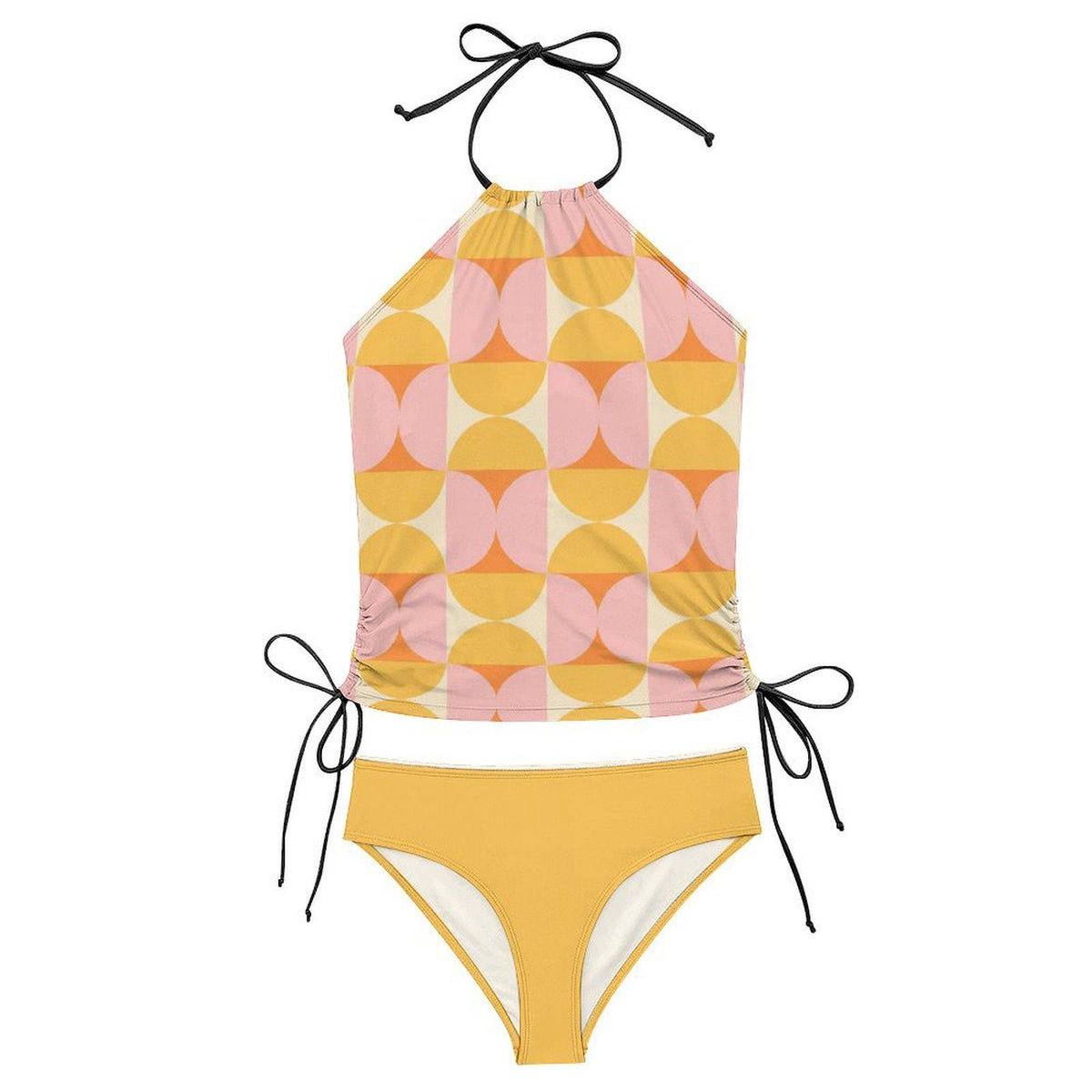 Retro Mid-Century Print Tankini – Vintage-Inspired Two-Piece Drawstring Halterneck Swimsuit in Yellow & Pink