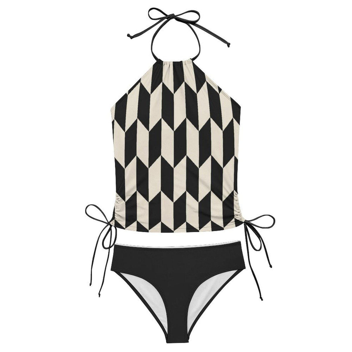Retro Mid-Century Print Tankini – Vintage-Inspired Two-Piece Drawstring Halterneck Swimsuit - Monochromatic