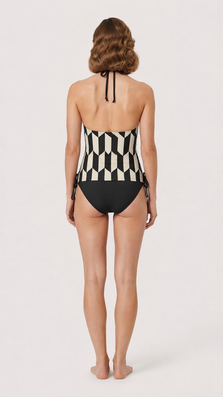 Retro Mid-Century Print Tankini – Vintage-Inspired Two-Piece Drawstring Halterneck Swimsuit - Monochromatic