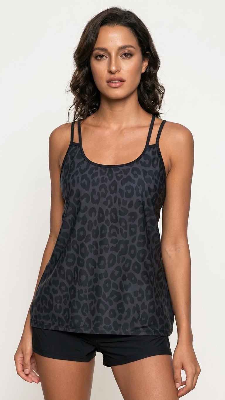 Black Leopard Print Tankini – Active Swimsuit with Boyshorts