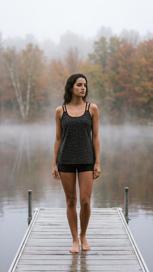 Black Leopard Print Tankini – Active Swimsuit with Boyshorts