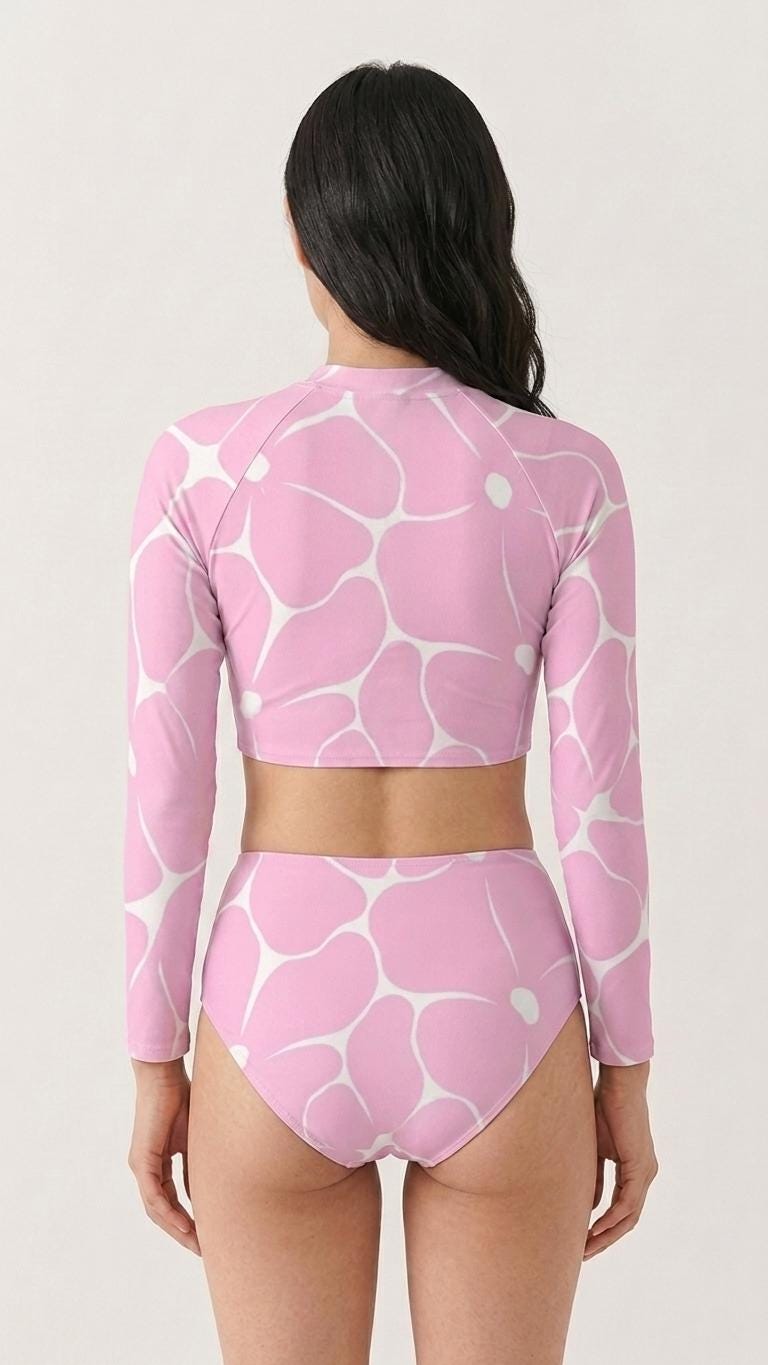 Retro Pink Flowers, Two-Piece Swimsuit, Long Sleeve Crop Rash Guard