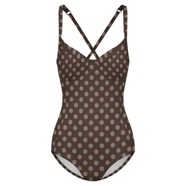 Retro Romantic Push-Up One-Piece Swimsuit with Lace-Up Back, Brown Polka-Dot