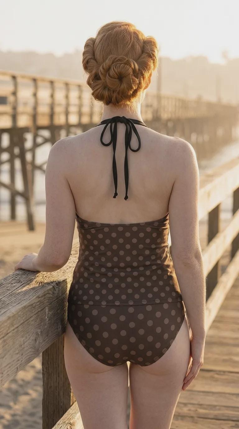 Retro Chic Classic Active Split Surf Tankini Swimsuit - Brown and Beige Polka-Dot