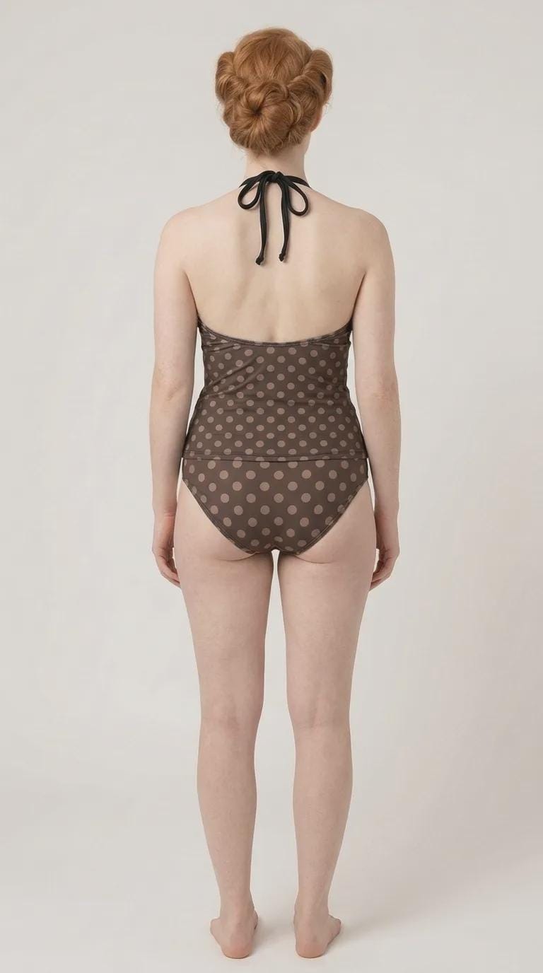 Retro Chic Classic Active Split Surf Tankini Swimsuit - Brown and Beige Polka-Dot
