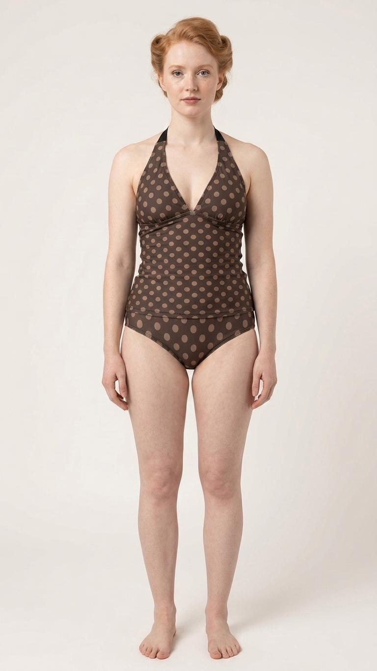 Retro Chic Classic Active Split Surf Tankini Swimsuit - Brown and Beige Polka-Dot