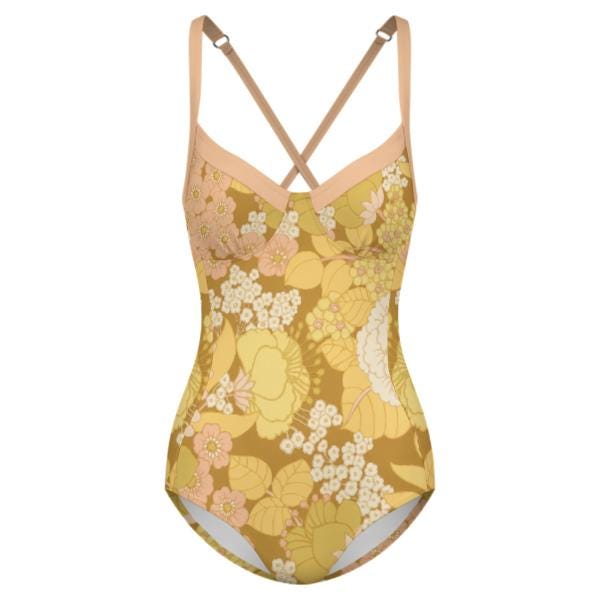 Retro Romantic Floral Push-Up One-Piece Swimsuit with Lace-Up Back, Vintage Florals