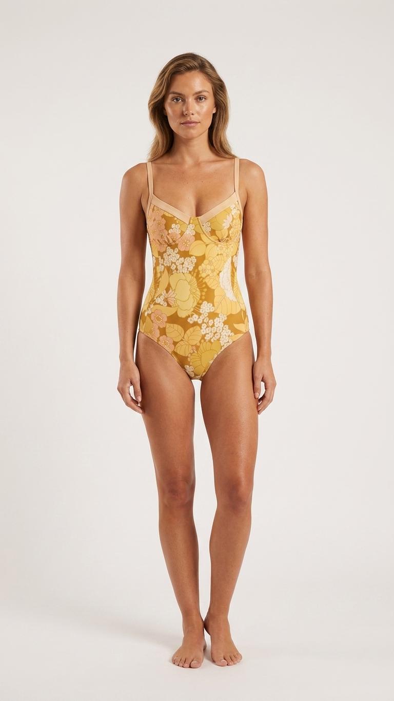 Retro Romantic Floral Push-Up One-Piece Swimsuit with Lace-Up Back, Vintage Florals