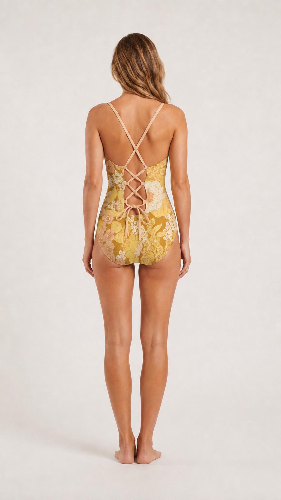 Retro Romantic Floral Push-Up One-Piece Swimsuit with Lace-Up Back, Vintage Florals