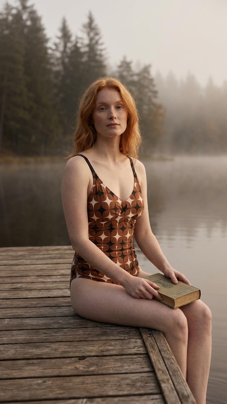 Retro One-Piece Swimsuit, Ruched Wrap-Front Bathing Suit, Cross Strap Swimwear, Brown Mid Century Pattern
