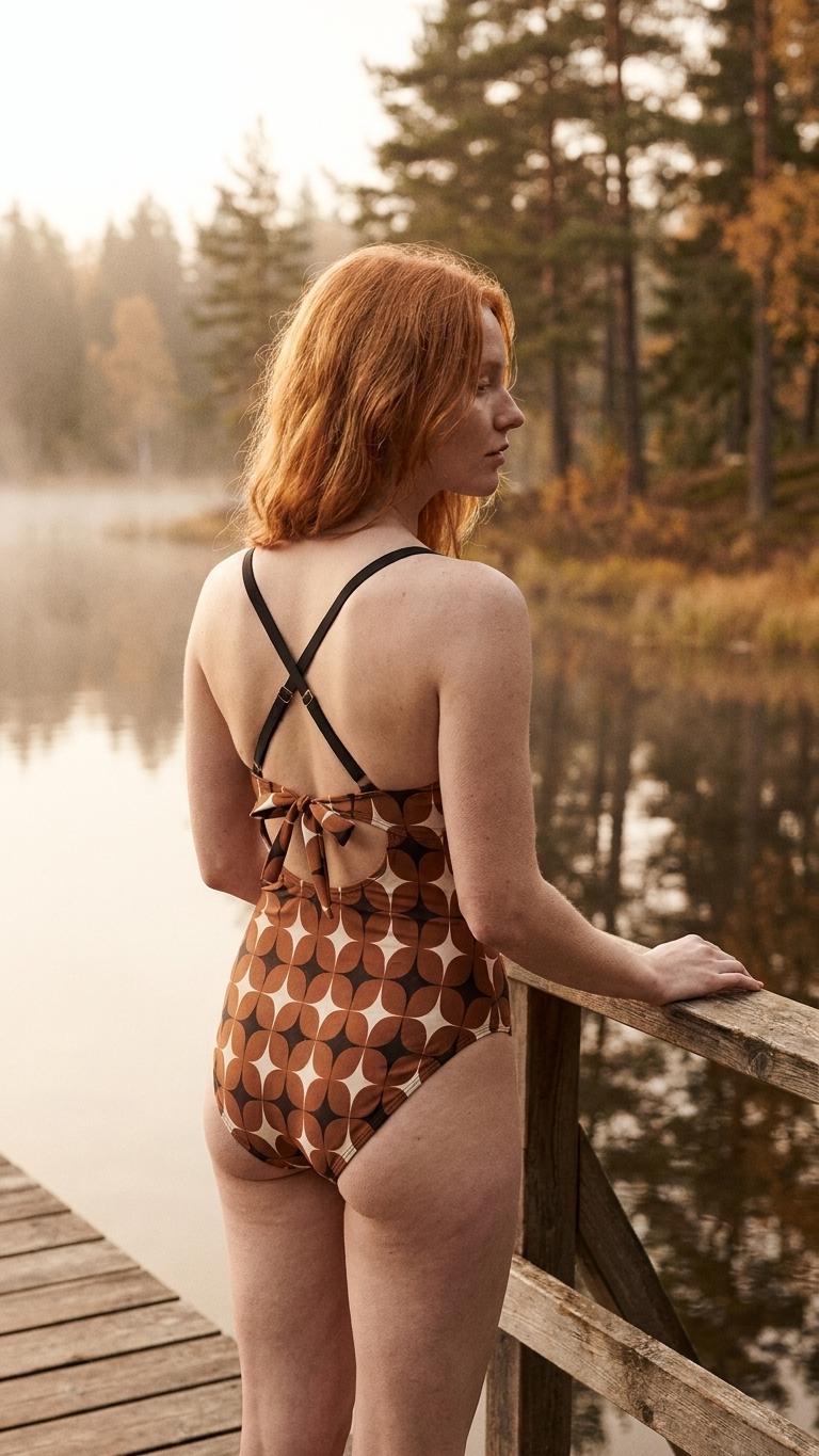 Retro One-Piece Swimsuit, Ruched Wrap-Front Bathing Suit, Cross Strap Swimwear, Brown Mid Century Pattern