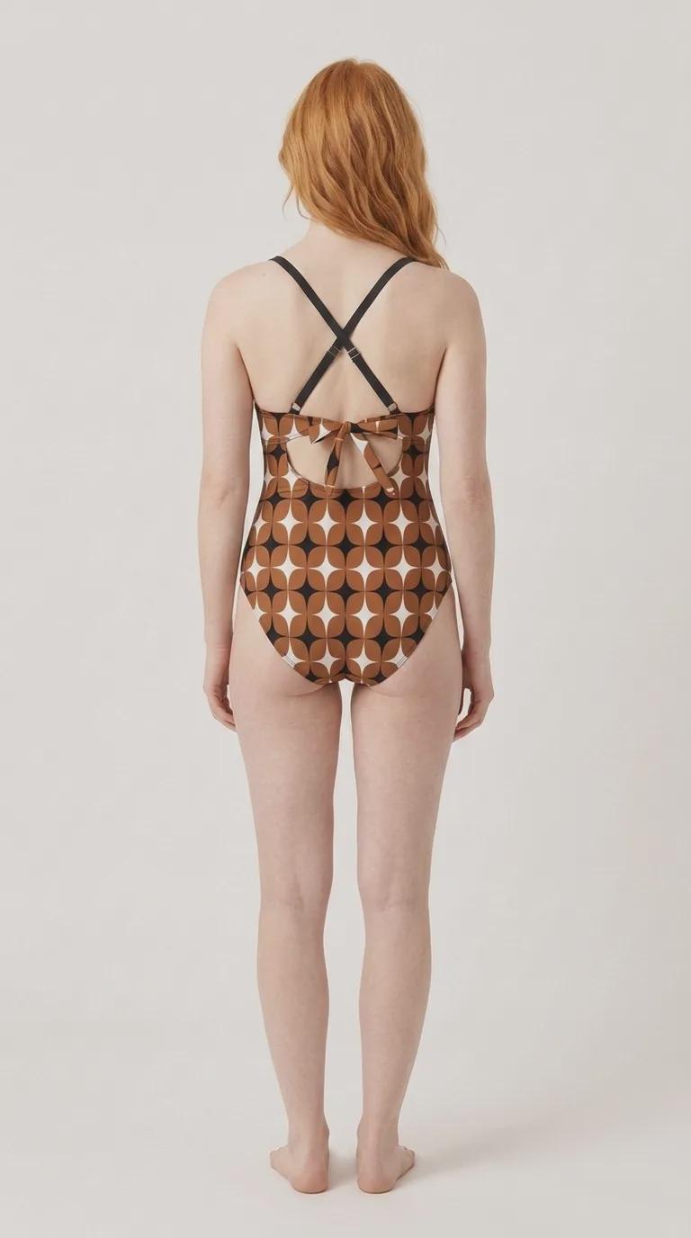 Retro One-Piece Swimsuit, Ruched Wrap-Front Bathing Suit, Cross Strap Swimwear, Brown Mid Century Pattern