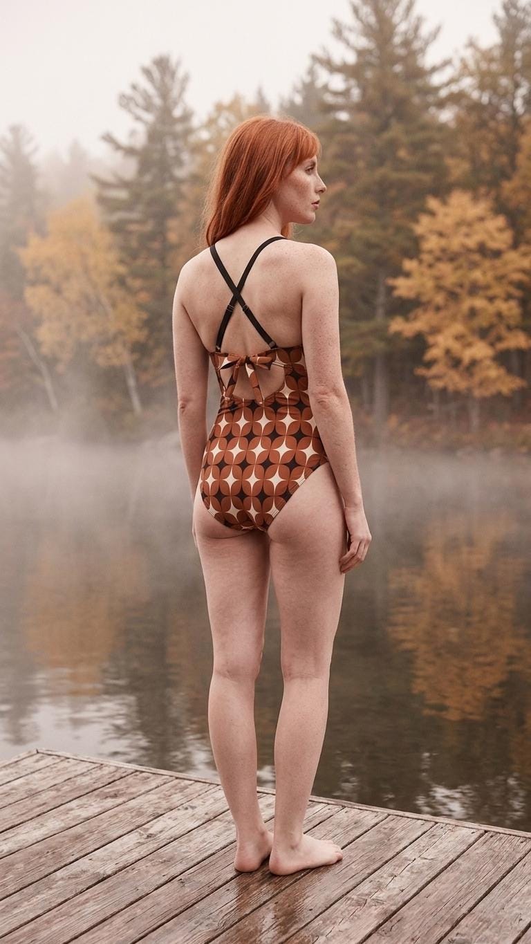 Retro One-Piece Swimsuit, Ruched Wrap-Front Bathing Suit, Cross Strap Swimwear, Brown Mid Century Pattern