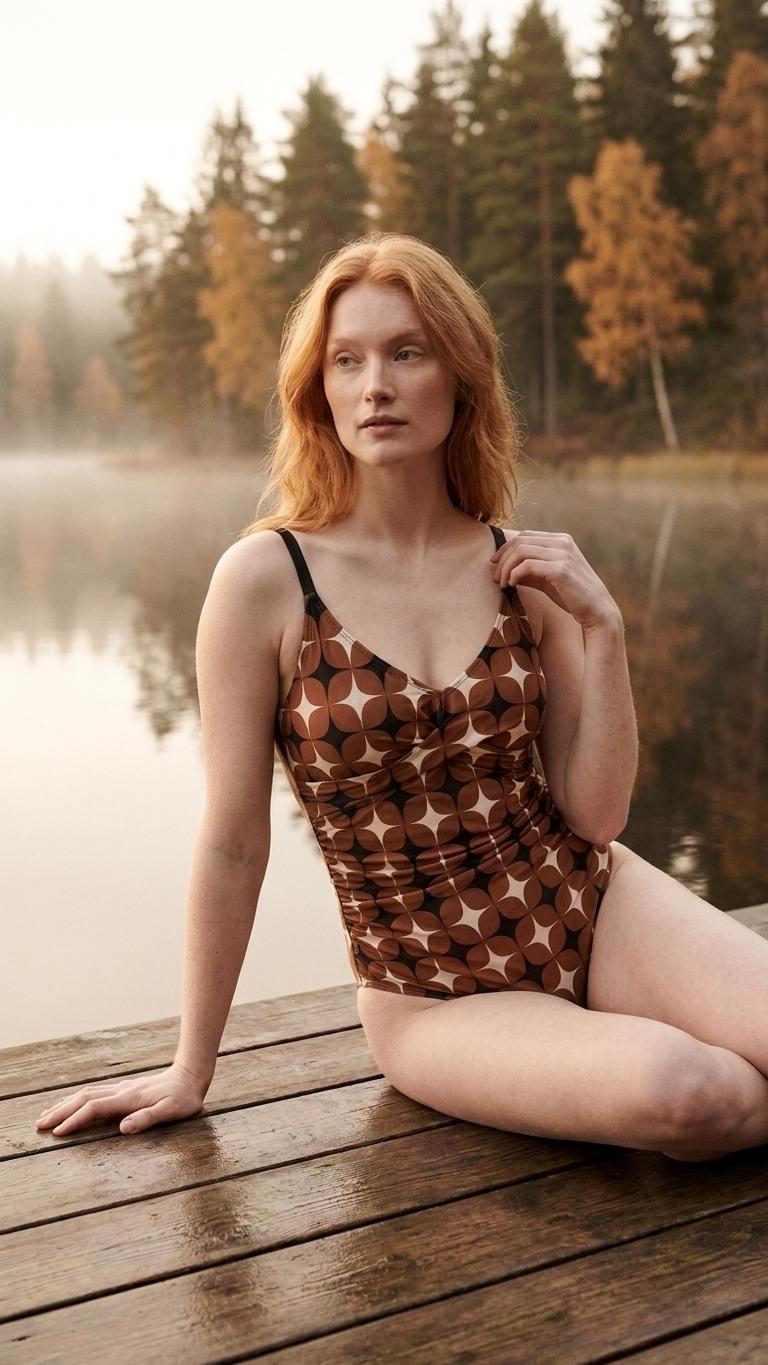 Retro One-Piece Swimsuit, Ruched Wrap-Front Bathing Suit, Cross Strap Swimwear, Brown Mid Century Pattern