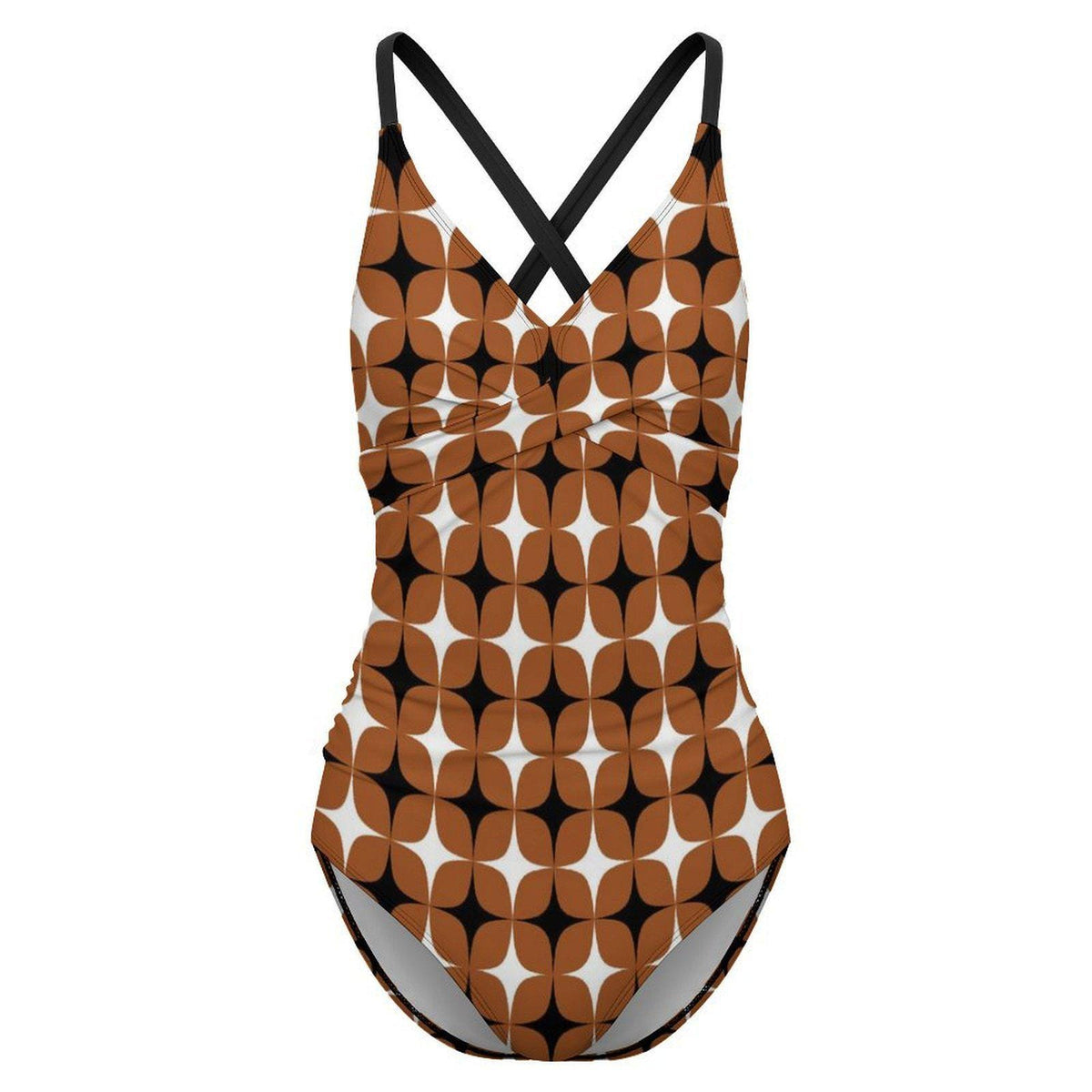 Retro One-Piece Swimsuit, Ruched Wrap-Front Bathing Suit, Cross Strap Swimwear, Brown Mid Century Pattern