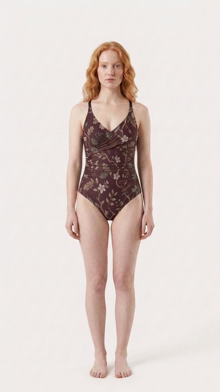 Retro One-Piece Swimsuit, Ruched Wrap-Front Bathing Suit, Cross Strap Swimwear, Brown Vintage Florals