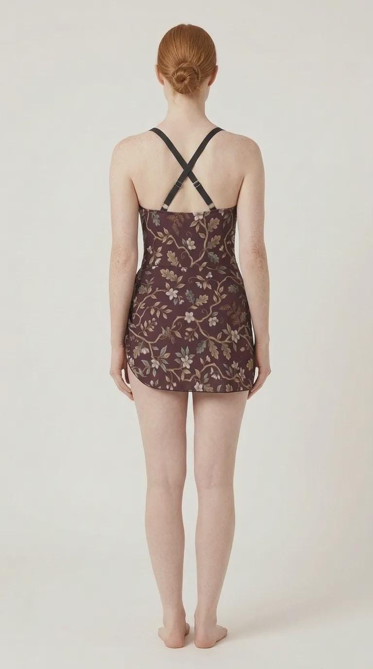 Retro Swim Dress, Integrated Bottoms & Adjustable Straps, Modest One-Piece Romper, Brown Vintage Florals