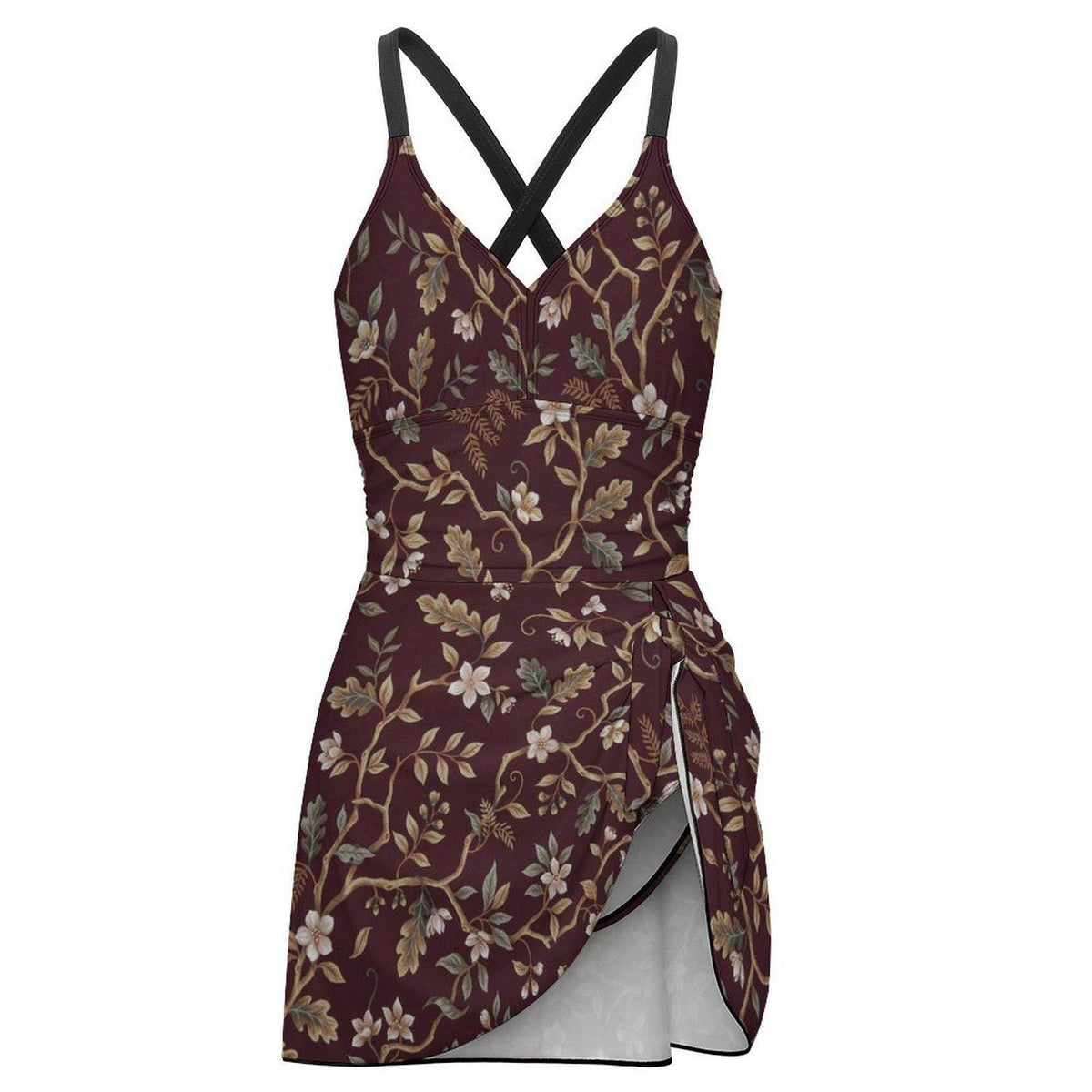 Retro Swim Dress, Integrated Bottoms & Adjustable Straps, Modest One-Piece Romper, Brown Vintage Florals