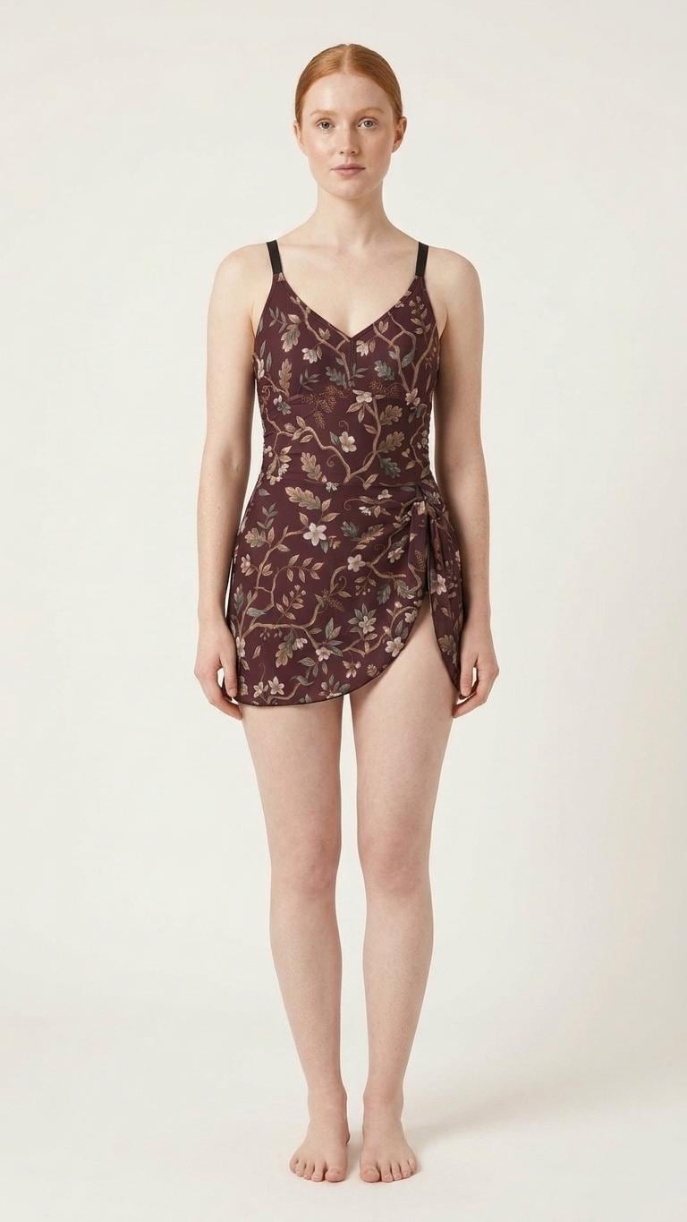Retro Swim Dress, Integrated Bottoms & Adjustable Straps, Modest One-Piece Romper, Brown Vintage Florals