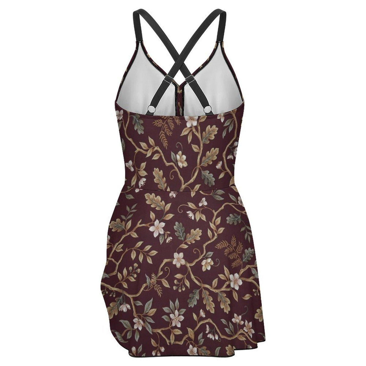 Retro Swim Dress, Integrated Bottoms & Adjustable Straps, Modest One-Piece Romper, Brown Vintage Florals