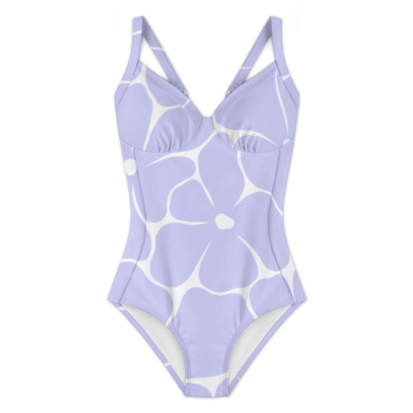 Retro Romantic Floral Push-Up One-Piece Swimsuit with Lace-Up Back, Vintage Florals in Lilac