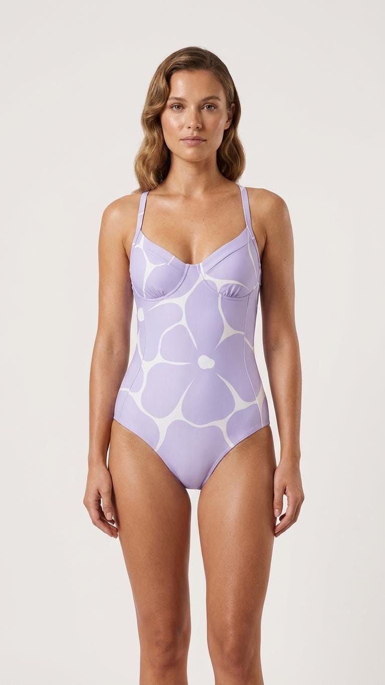 Retro Romantic Floral Push-Up One-Piece Swimsuit with Lace-Up Back, Vintage Florals in Lilac