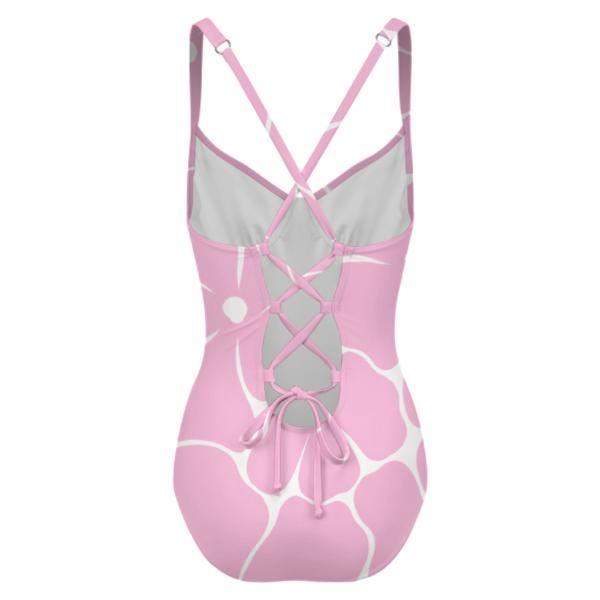 Retro Romantic Floral Push-Up One-Piece Swimsuit with Lace-Up Back, Vintage Florals in Pink