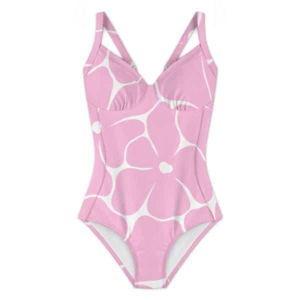 Retro Romantic Floral Push-Up One-Piece Swimsuit with Lace-Up Back, Vintage Florals in Pink