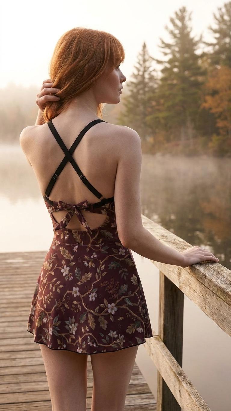Skirted One-Piece Swimsuit with Cut-Out Detail | Integrated Bottoms | Brown Vintage Florals