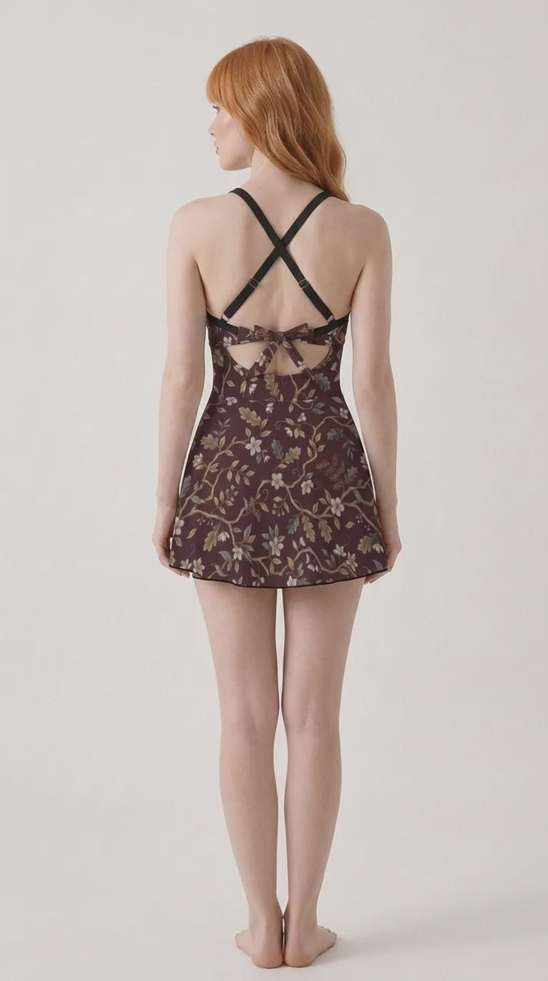 Skirted One-Piece Swimsuit with Cut-Out Detail | Integrated Bottoms | Brown Vintage Florals