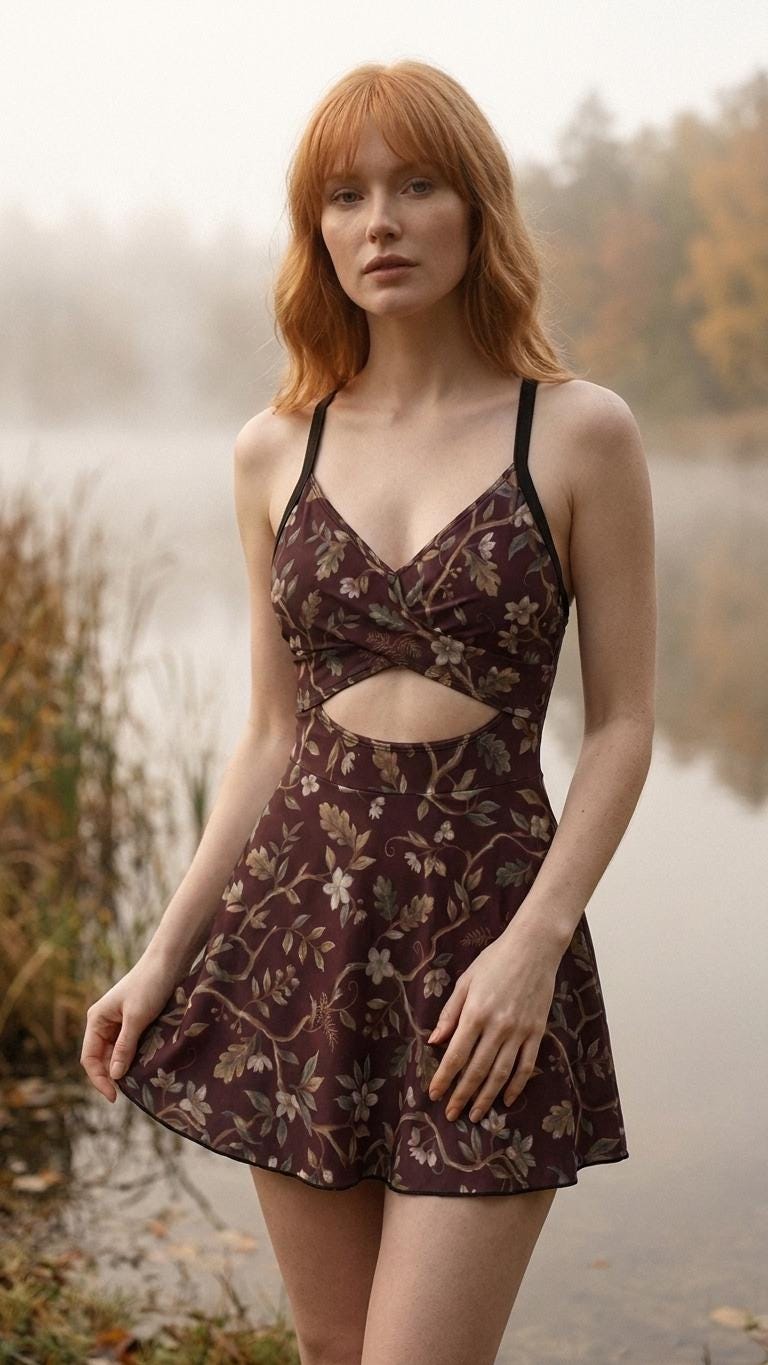Skirted One-Piece Swimsuit with Cut-Out Detail | Integrated Bottoms | Brown Vintage Florals
