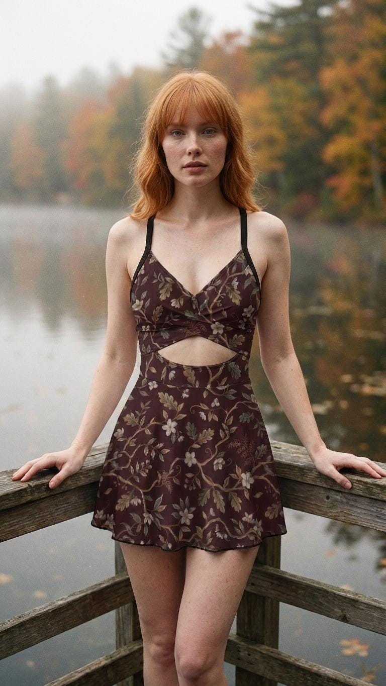 Skirted One-Piece Swimsuit with Cut-Out Detail | Integrated Bottoms | Brown Vintage Florals