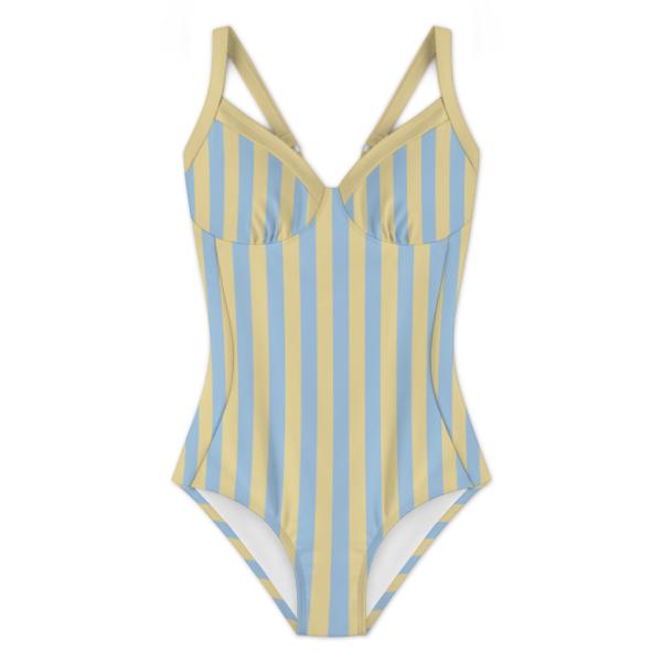 Retro Romantic Push-Up One-Piece Swimsuit with Lace-Up Back, Striped Buttermilk and Blue