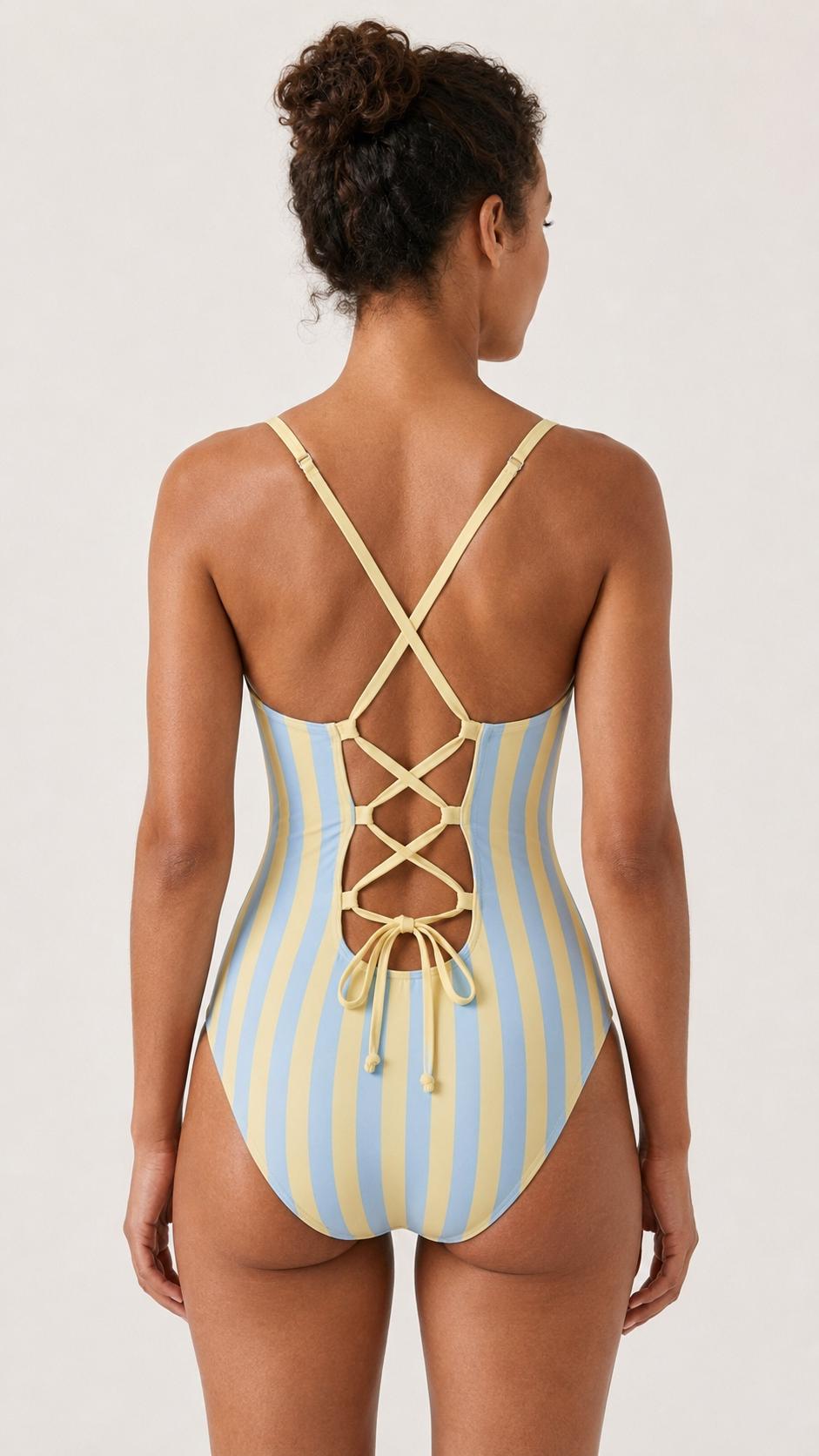 Retro Romantic Push-Up One-Piece Swimsuit with Lace-Up Back, Striped Buttermilk and Blue