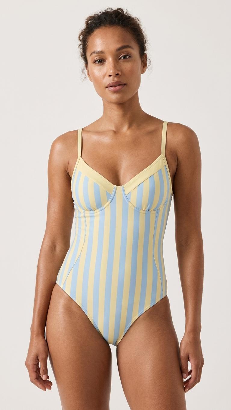Retro Romantic Push-Up One-Piece Swimsuit with Lace-Up Back, Striped Buttermilk and Blue