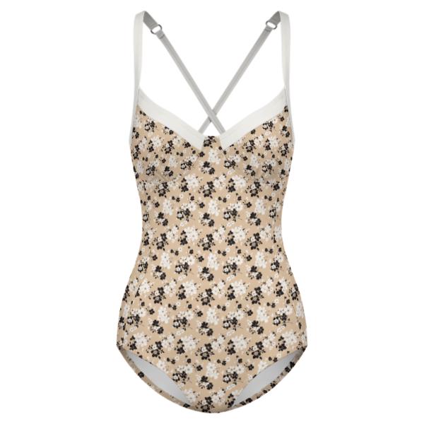 Retro Romantic Floral Push-Up One-Piece Swimsuit, Lace-Up Back, Classic Autumnal Ditsy Florals in Beige