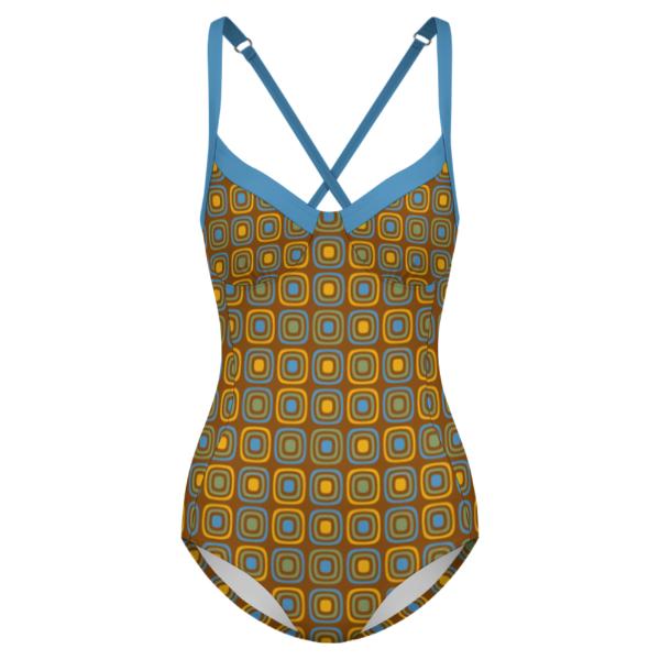 Retro Boho Sixties Mod Push-Up One-Piece Swimsuit with Lace-Up Back, Brown Blobs with Blue