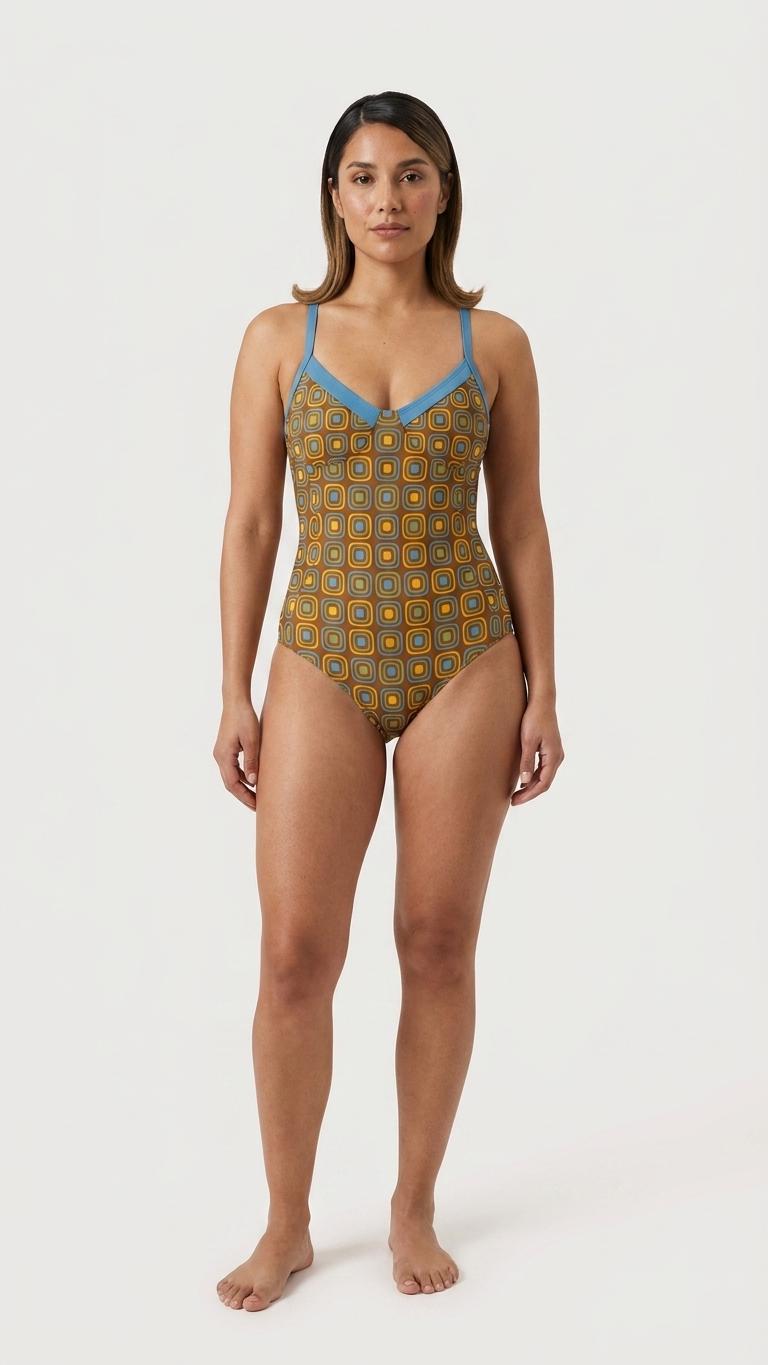 Retro Boho Sixties Mod Push-Up One-Piece Swimsuit with Lace-Up Back, Brown Blobs with Blue