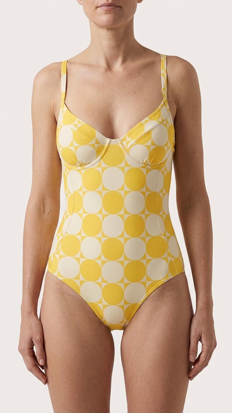 Retro Mid-Century Push-Up One-Piece Swimsuit with Lace-Up Back, Yellow Blobs