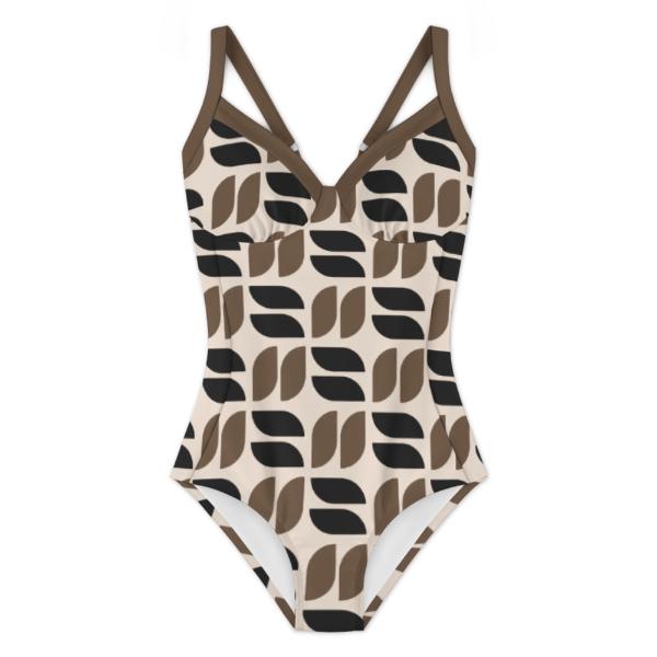 Retro Boho Sixties Mod Push-Up One-Piece Swimsuit, Lace-Up Back, Midcentury Brown