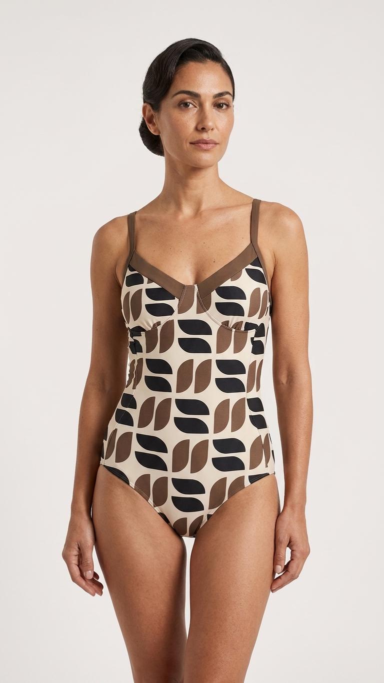 Retro Boho Sixties Mod Push-Up One-Piece Swimsuit, Lace-Up Back, Midcentury Brown