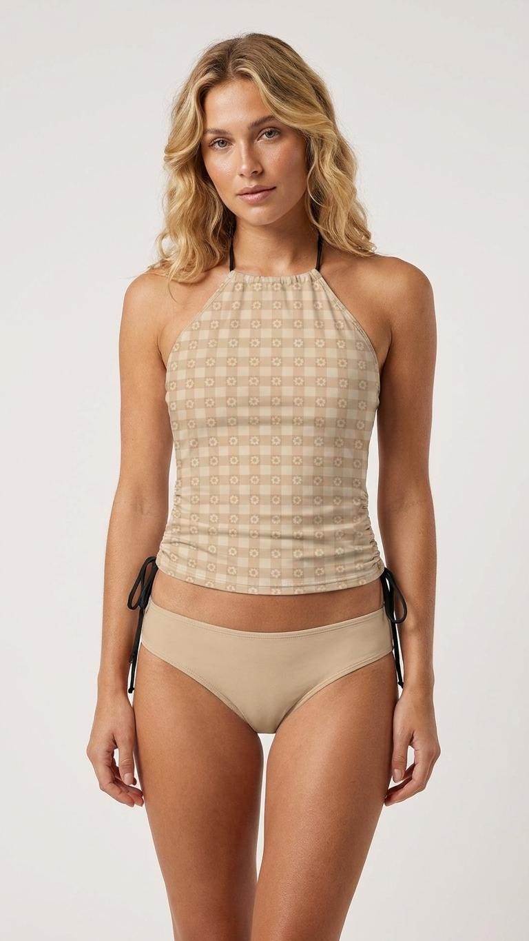 Coquette Retro Gingham Checkered Tankini – Vintage-Inspired Two-Piece Drawstring Halterneck Swimsuit – Beige with Daisies