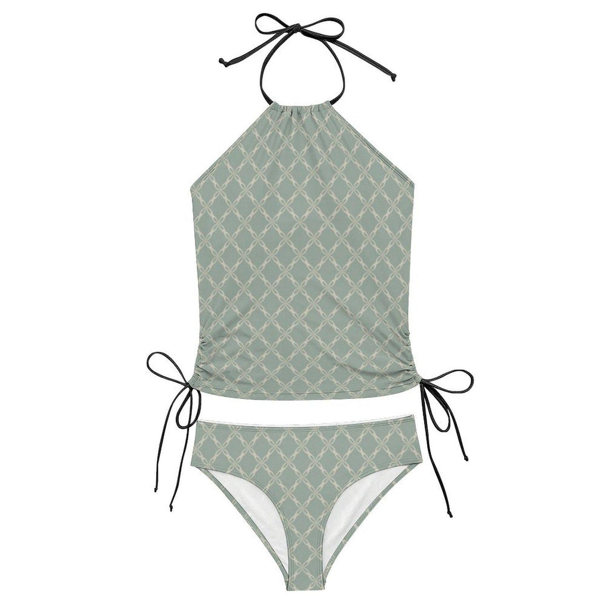 Coquette Retro Checkered Tankini – Vintage-Inspired Two-Piece Drawstring Halterneck Swimsuit – Dusty Blue Trellis