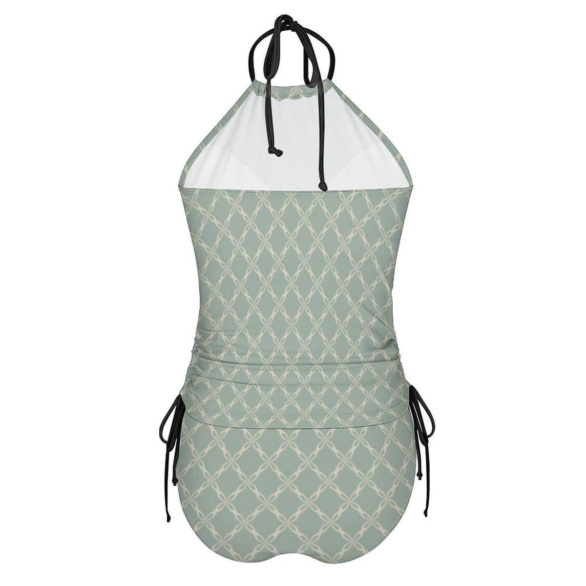Coquette Retro Checkered Tankini – Vintage-Inspired Two-Piece Drawstring Halterneck Swimsuit – Dusty Blue Trellis