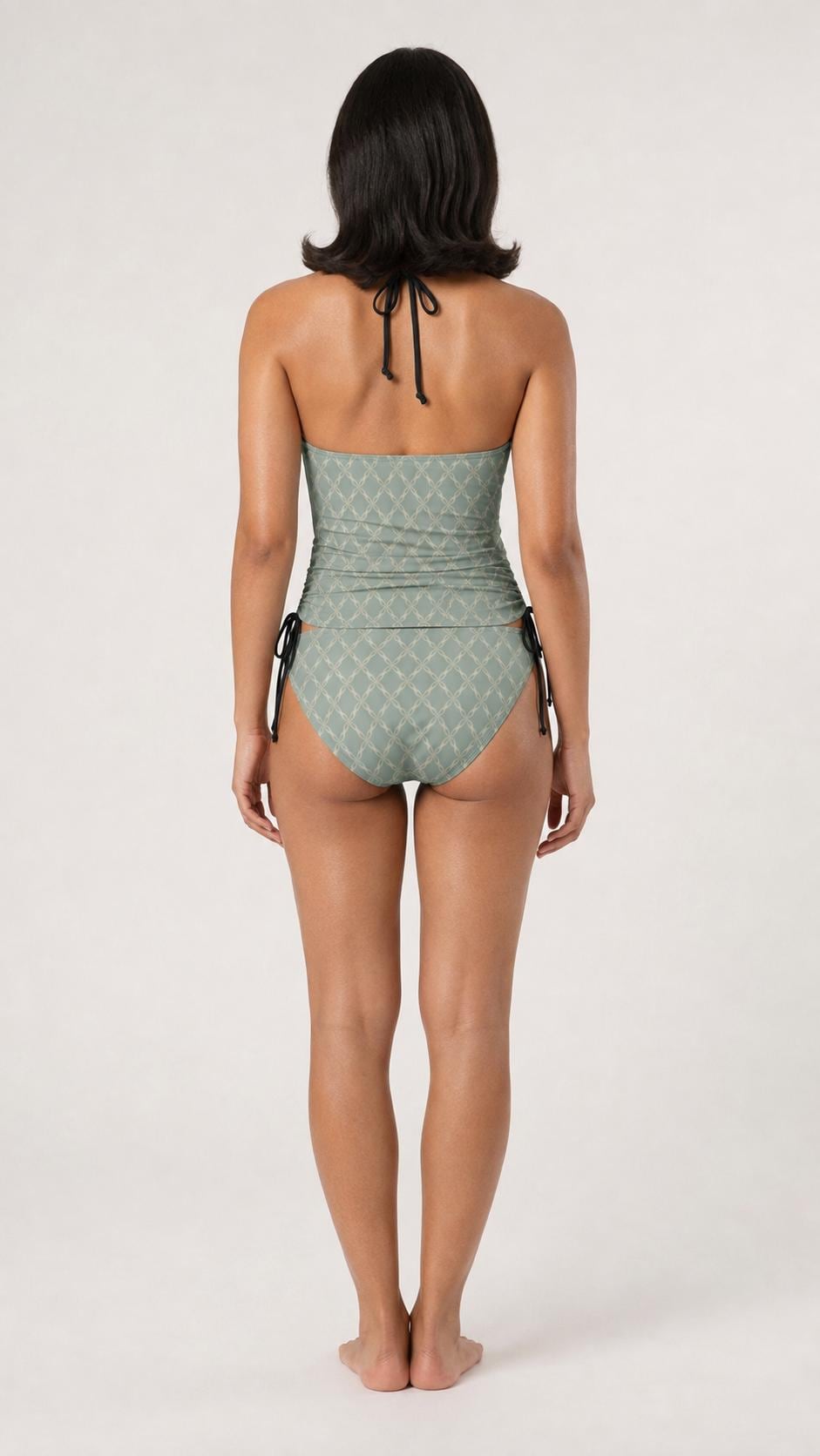 Coquette Retro Checkered Tankini – Vintage-Inspired Two-Piece Drawstring Halterneck Swimsuit – Dusty Blue Trellis
